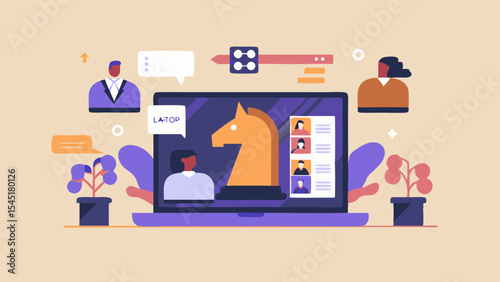 Creative Flat Design Illustration of Remote Work and Online Communication with Laptop and Chess Knight