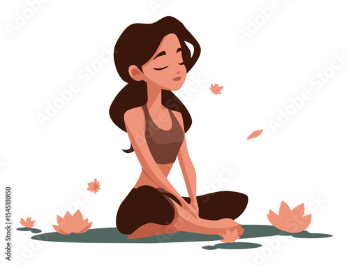 Cartoon woman in meditative pose surrounded by lotus flowers and leaves
