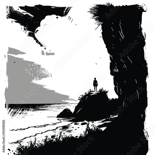 Rugged cliffs overlooking a beach. silhouette illustration