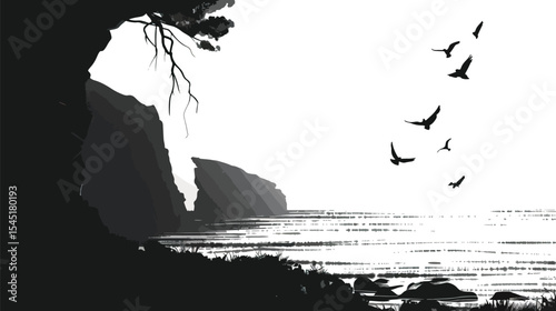Rugged cliffs overlooking a beach. silhouette illustration
