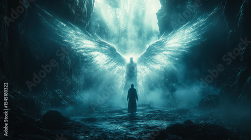 A glowing angel with massive wings appears before a lone figure in a dark, mystical cave, evoking divine power and fantasy wonder.
