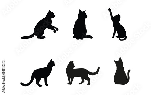 Collection of cat silhouettes in various poses isolated on background