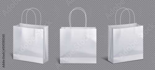 Paper shopping bags mockup, white packages with rope and lace handles, blank rectangular ecological gift packs, isolated mock up for branding and corporate identity design, realistic 3d set
