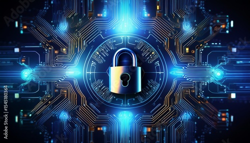 futuristic cybersecurity circuit board with glowing lock design for digital protection themes