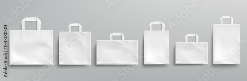 Paper shopping bags mockup, white packages with rope and lace handles, blank rectangular ecological gift packs, isolated mock up for branding and corporate identity design, realistic 3d set
