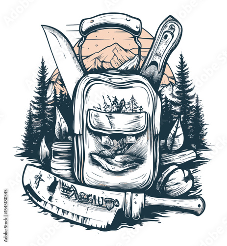 Vintage Camping Gear Backpack and Tools Illustration for Outdoor Enthusiasts