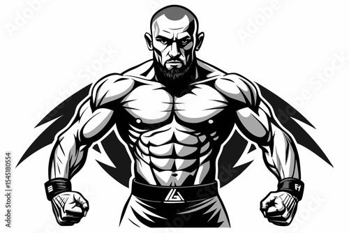 Vintage black and white illustration of a muscular male boxer in a powerful fighting stance. This dynamic vector-style artwork features bold line shading, detailed muscle anatomy
