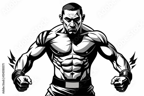 Vintage black and white illustration of a muscular male boxer in a powerful fighting stance. This dynamic vector-style artwork features bold line shading, detailed muscle anatomy