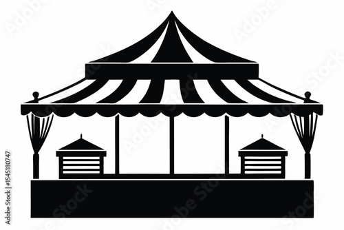 Black and White Silhouette of a Carnival Tent with Display Cases and Curtains