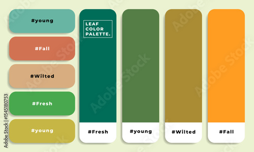Leaf color palette. Nature, environmental, and plant themed color reference collection. Green to orange color swatches.