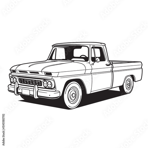 Classic black and white silhouette of a vintage art pickup truck design