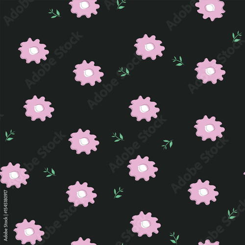 Repeating pink flower motifs with green leaves on a black background, giving a soft and elegant floral aesthetic.