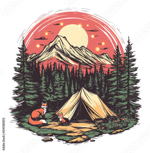 Scenic Camping Illustration with Foxes in a Nature Landscape at Sunset