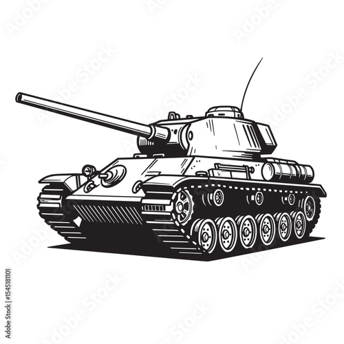 Classic military tank vintage art silhouette illustration in black and white