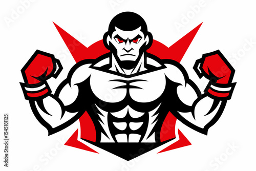 Vintage black and white illustration of a muscular male boxer in a powerful fighting stance. This dynamic vector-style artwork features bold line shading, detailed muscle anatomy