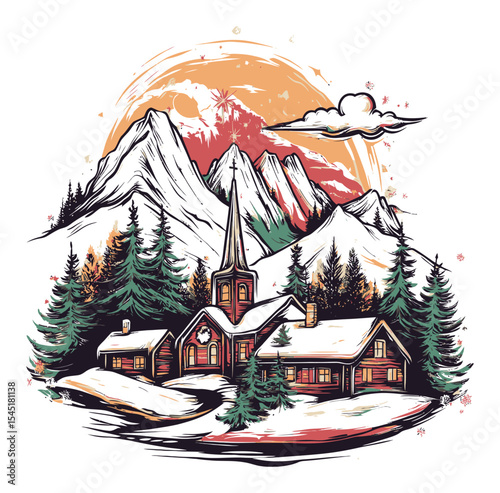 Cozy Winter Church Scene with Mountains and Snowy Landscape Illustration