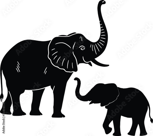 Isolated black vector illustration of a big wild elephant, walking with baby elephants