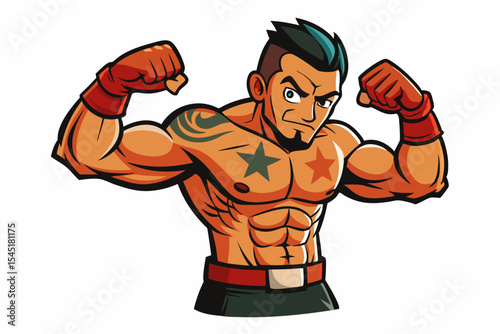 Vintage black and white illustration of a muscular male boxer in a powerful fighting stance. This dynamic vector-style artwork features bold line shading, detailed muscle anatomy