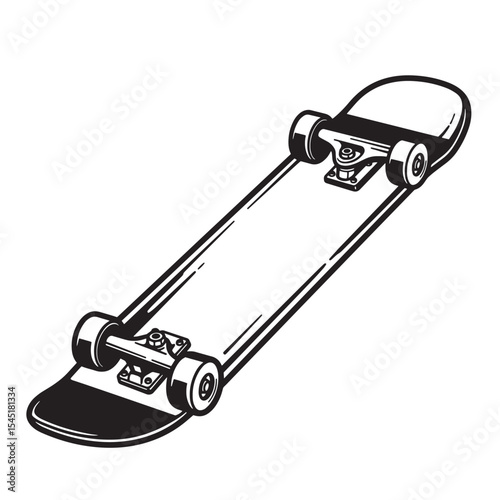 Classic skateboard illustration in vintage art silhouette style isolated on white background