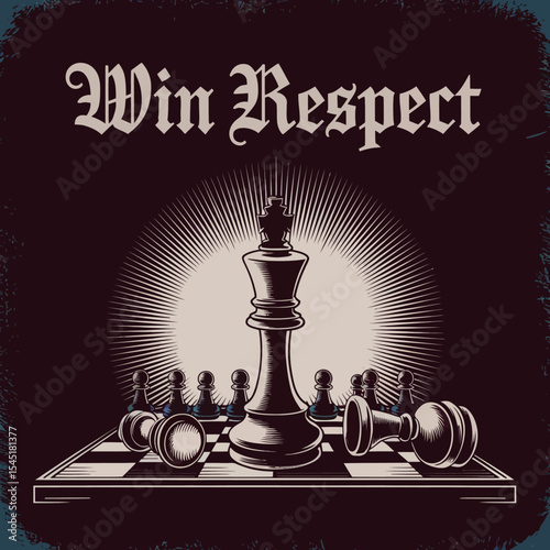 Vintage Chess King Strategy Game Design Powerful Leadership Success Achievement Victory Royal Gameboard Black White Graphic Art Illustration Design Element win move dark match retro style light image 