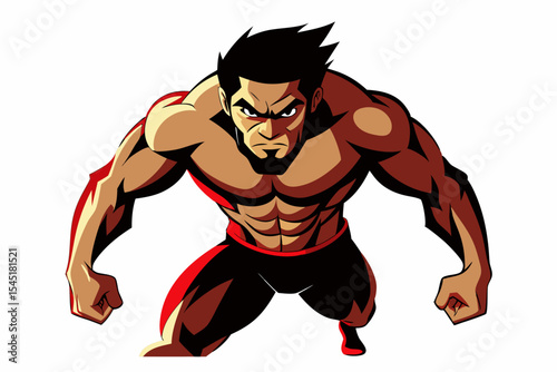 Vintage black and white illustration of a muscular male boxer in a powerful fighting stance. This dynamic vector-style artwork features bold line shading, detailed muscle anatomy