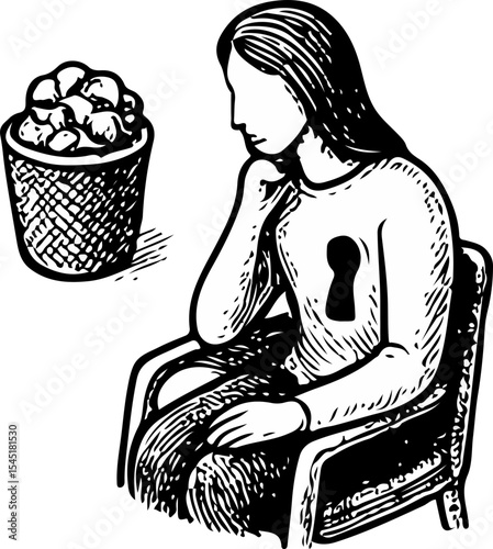 Black and white illustration of a person seated with a keyhole on their chest, gazing at a basket filled with crumpled papers, symbolizing introspection, hidden potential, and inner conflict.
Keywords