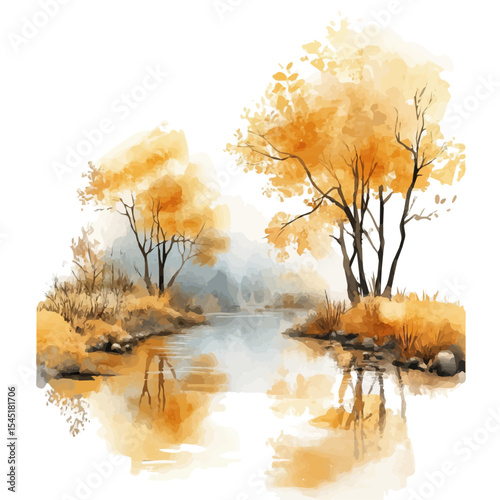 Golden Mist Above River, watercolor clipart vector, isolated on a white background.