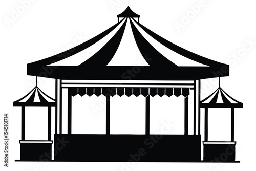 Silhouette of a Striped Carnival Booth with Side Structures and Scalloped Edges
