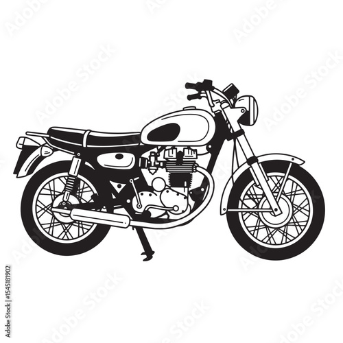 Classic vintage motorcycle illustration silhouette design black and white art depicting iconic two wheeled transportation