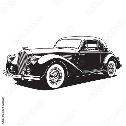Classic vintage art silhouette of a stylish coupe car with whitewall tires in monochrome style