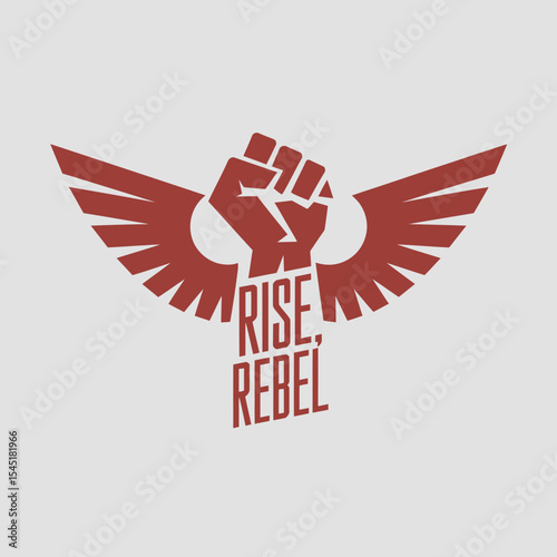 Powerful Red Fist with Wings Rise Rebel Graphic Design Illustration Strong Revolution Freedom Fighter Symbol Motivational Poster Art Print Digital Image Download bold icon logo style vector action    