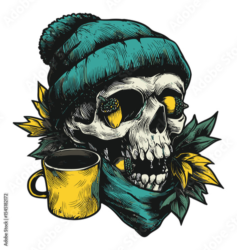 Colorful Skull Illustration with Beanie and Coffee Cup in Bold Style