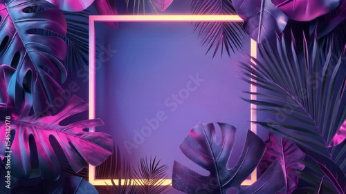 Neon glowing square frame with tropical leaves on dark background. Creative minimal exotic nature concept footage.