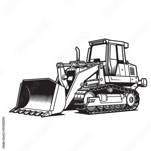 Detailed black and white vintage art silhouette of a construction bulldozer on a white background