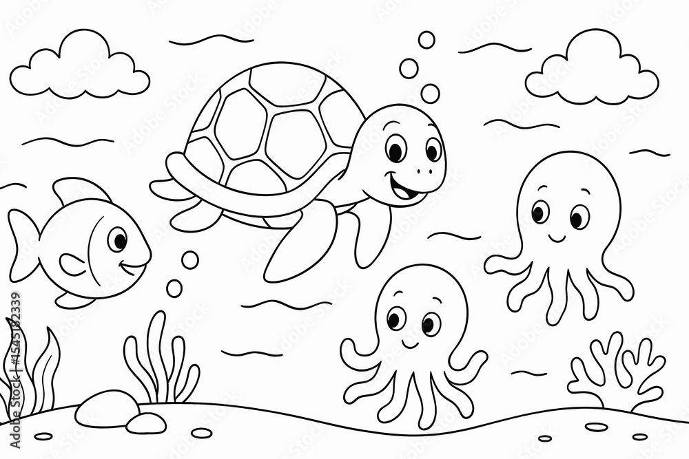 Fototapeta Cute turtle swimming underwater with happy fish, octopus, seaweed, and bubbles in a fun ocean-themed cartoon coloring page for kids