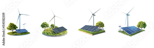 Collection of wind turbine, solar panel, and hydro plant combined into one image representing all green energy sources. full length isolate on transparent background