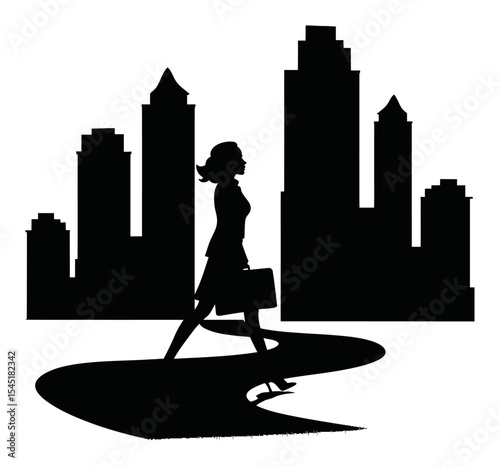Professional Woman Silhouette Walking Against City Skyline in Black and White