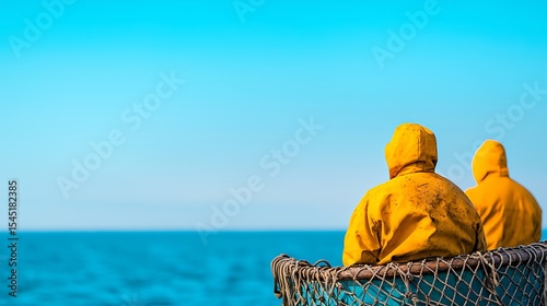 Fishermen in Yellow Coats on the Boat at Sea in Daylight photo