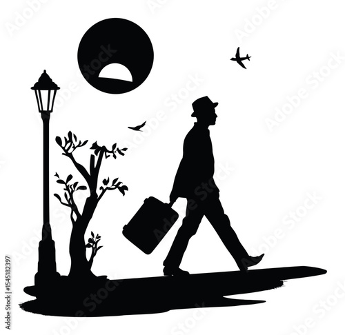 Stylish Silhouette of a Man Walking with a Briefcase Under a Moonlit Sky