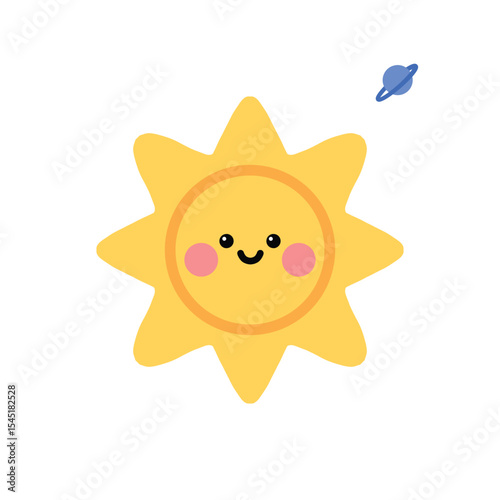 Cute smiling yellow sun with little blue planet revolving around editable design illustration