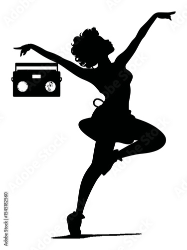Dynamic Dance Silhouette of a Woman with Vintage Boombox in Motion