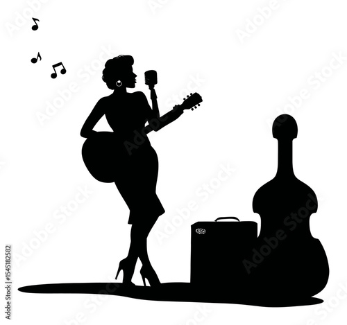 Elegant Silhouette of a Singer with Guitar and Music Notes in Black Design