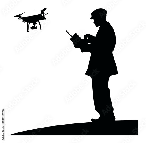 Silhouette of a Operator Controlling a Drone Against a White Background