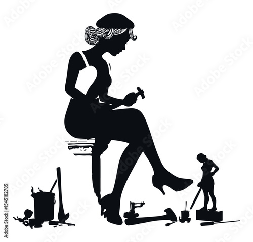 Elegant Woman Silhouette Engaged in Crafting and Artistic Creation Activities