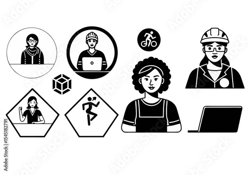 Black and white illustrations of various professions and roles, showcasing diversity and empowerment