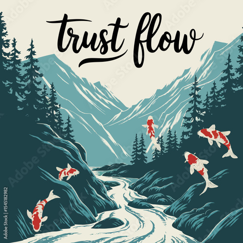 Serene Mountain River Koi Fish Swimming Peaceful Nature Scene Tranquil Landscape Illustration Artistic Design Graphic Teal Blue Red White Colors Vector Art Image Premium Quality Zen Calm Card Water   