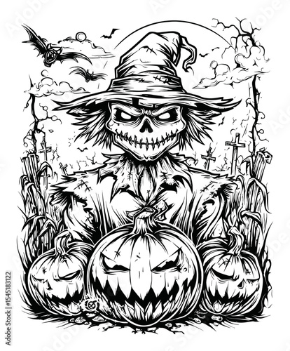 Spooky Scarecrow with Pumpkins and Moon in Hand-Drawn Style Illustration