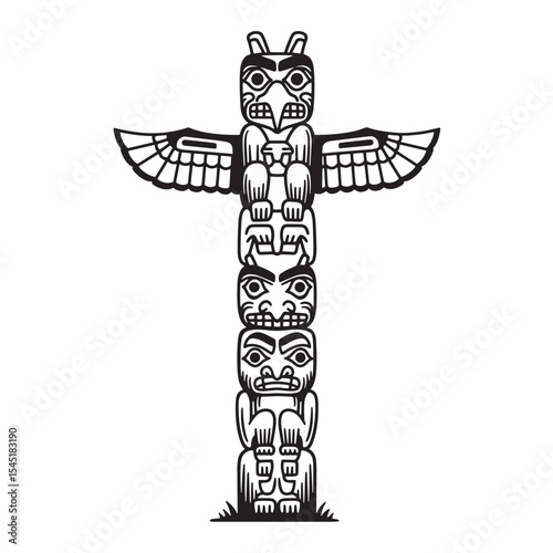 Intricate vintage art silhouette of a detailed totem pole depicting native american cultural heritage isolated on white background