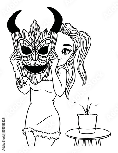 Woman Wearing Unique Mask with Plant in Background, Hand-Drawn Illustration