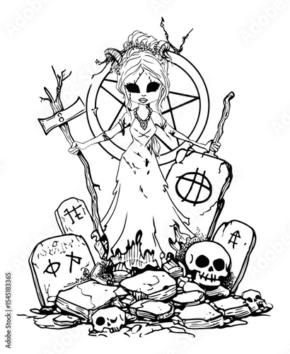 Hand-Drawn Illustration of a Dark Fantasy Character Surrounded by Skulls and Tombstones